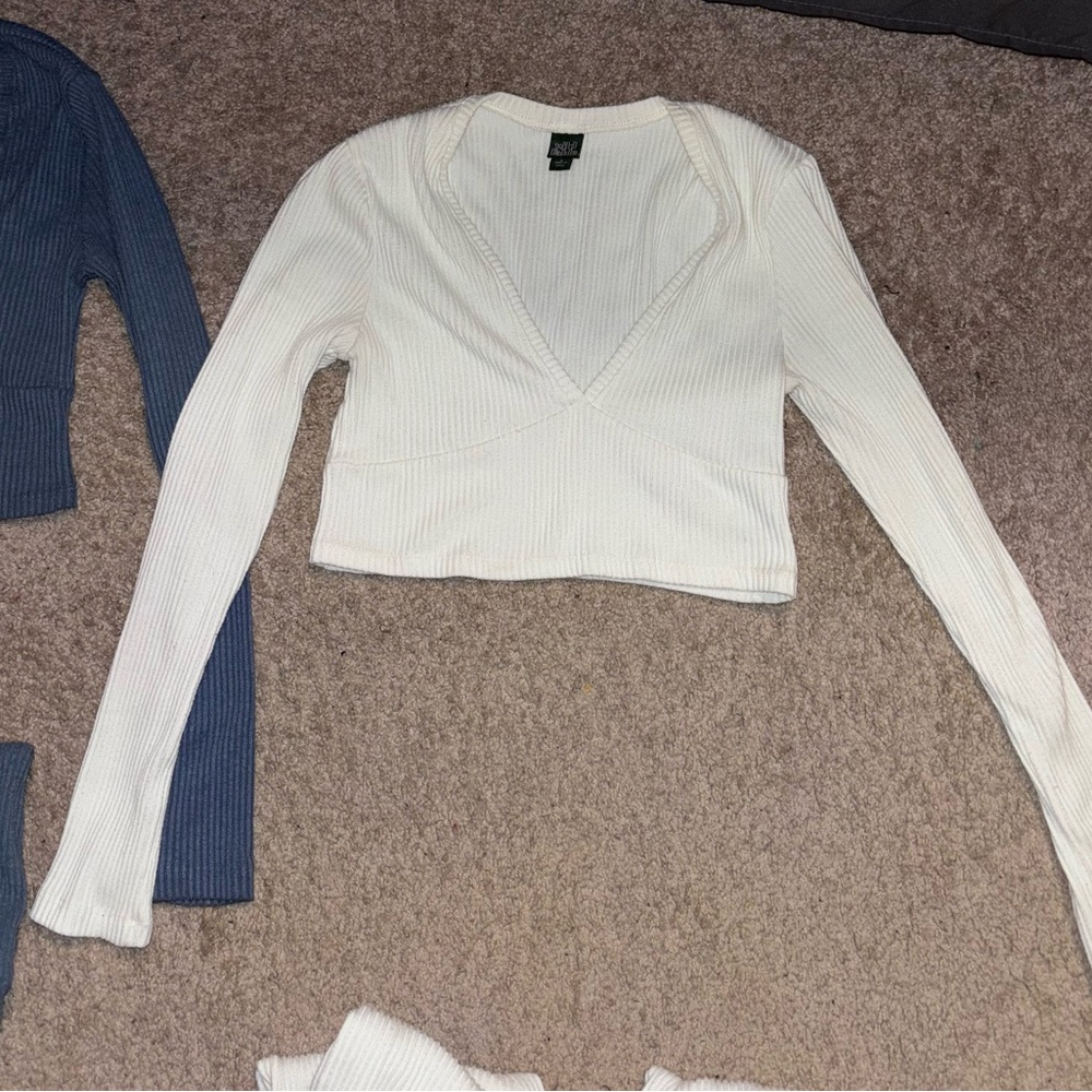 2 Ribbed Long Sleeve CropTop & High-Waist Flare Pants Sets- Blue & Cream - Picture 6 of 16
